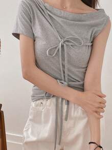 DAZY Women's Simple Solid Color Front Tie Oblique Shoulder T-Shirt, Summer - Grey - View 3