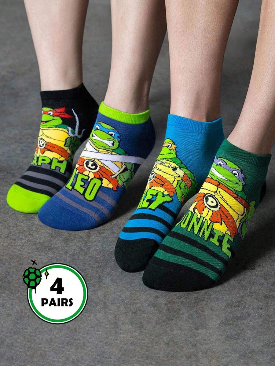TEENAGE MUTANT NINJA TURTLES | SHEIN Bộ 4 đôi tất cổ ngắn mềm mại, thoáng khí, thấm hút mồ hôi, họa tiết sọc, thời trang màu xám và xanh dương, mũi và gót được gia cố, bền chắc, phù hợp cho cả nam và nữ, phù hợp với mọi mùa - Nhiều màu - Xem 1