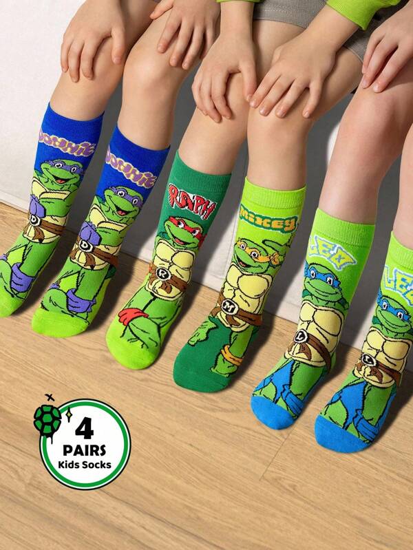 TEENAGE MUTANT NINJA TURTLES X SHEIN 4 pares de calcetines de media caña para niños, suaves y transpirables de algodón, que absorben la humedad, con diseños de dibujos animados lindos en verde y azul, con refuerzo en los dedos y el talón para mayor durabilidad, unisex para niños y niñas, para todas las estaciones y para la escuela y actividades al aire libre.