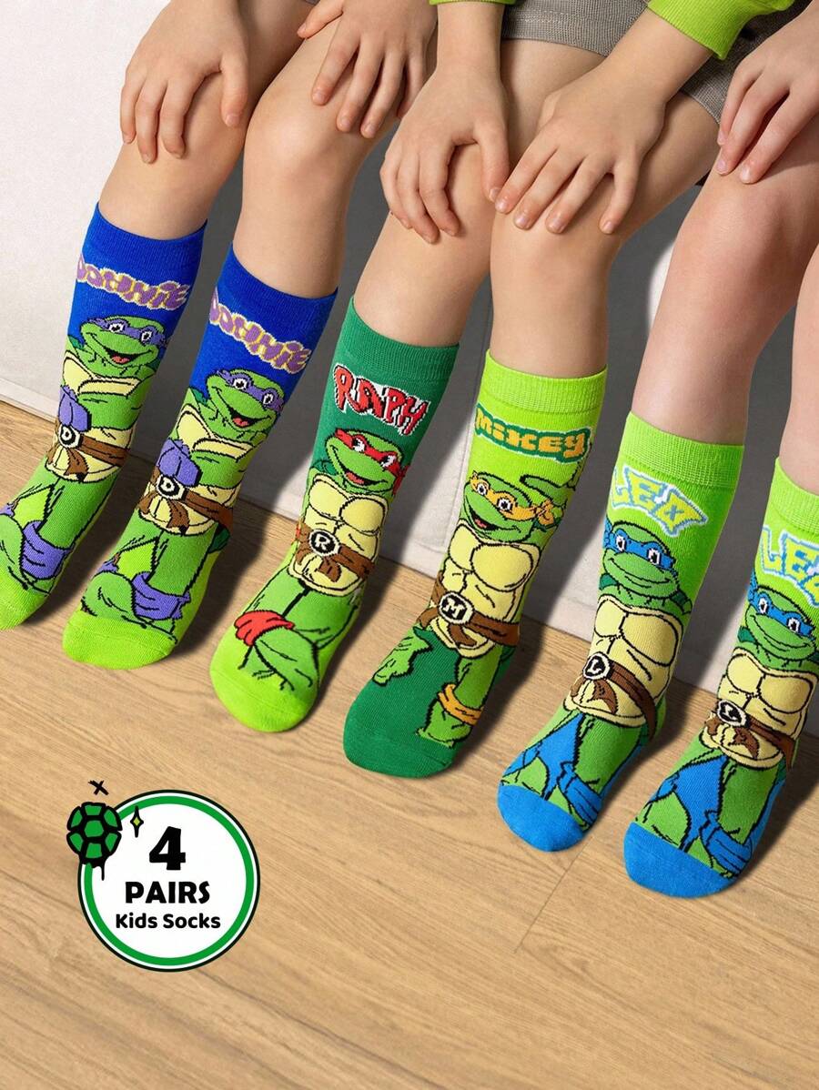 TEENAGE MUTANT NINJA TURTLES | SHEIN 4 双棉质柔软透气吸湿排汗儿童中筒袜绿色和蓝色可爱卡通图案中筒袜，加固脚趾和脚跟，经久耐用，男女通用，适合所有季节，百搭，适合学校和户外 - 彩色 - 查看 1