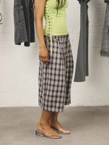 COUREZ Quần Jorts kẻ caro cỡ lớn cho mùa hè dành cho phụ nữ đi nghỉ/thường ngày trên phố/Y2K/lễ hội âm nhạc giải trí - màu đen - Xem 5