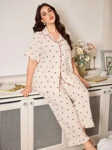 CottageSlumber Plus Size Women Bubble Wrinkle Cherry Print Ruffle Trim Short Sleeve Pajama Set Plus Size Pajama Set Plus Size Sleepwear Set Curve Pajamas Set Plus Size Pajamas Women Plus Sleepwear