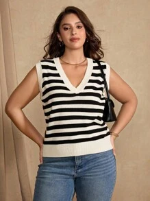 Flirla Áo vest dệt kim kẻ sọc kiểu Pháp cỡ lớn cho nữ, áo ba lỗ chui đầu không tay mới, trang phục đi làm thường ngày đa năng, phong cách sang trọng - Nhiều màu - Xem 3