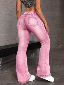 SHEIN EZwear 女式纯色牛仔长裤，休闲时尚，适合日常穿着 - 粉色 - 查看 2