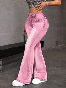 SHEIN EZwear 女式纯色牛仔长裤，休闲时尚，适合日常穿着 - 粉色 - 查看 6