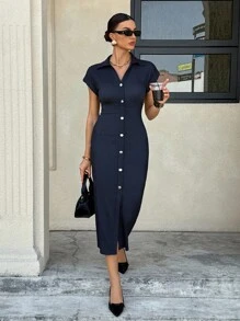 Siren Gaze Slim Fit Open Cardigan Long Dress Women, Button Up Shirt Dress Casual Midi Dress, Office Dress, Business Casual Women's Clothing, Autumn Women's Clothing