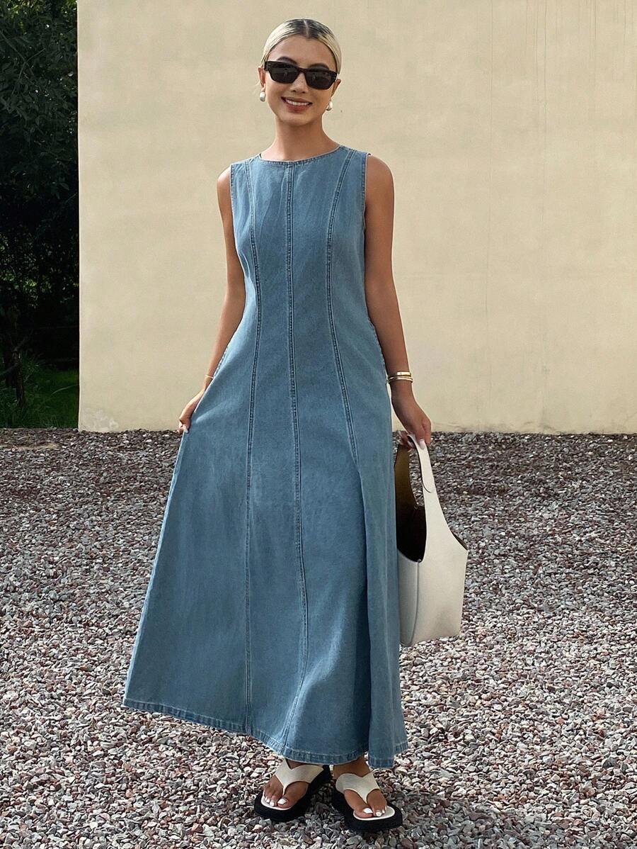 Livesso 女士休闲水洗无袖长款牛仔连衣裙