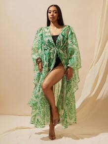 Vixey Kimono de gasa estampada con mangas anchas y abiertas, cintura con cordón - Rojo y negro - Ver 2