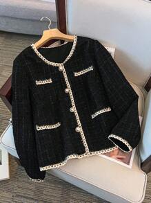 Franclia 大码女式黑色夹克，带有优雅的荷叶边，适合度假、约会和派对