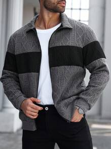 Manfinity Homme Plus Size Men's Casual Everyday Contrast Texture Zip-Up Stand Collar Sweatshirt , Fall, Long Sleeve Top - Multicolor - View 4