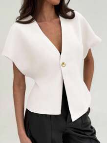 SHEIN PETITE CURVE Áo sơ mi nữ cỡ lớn màu trơn, cài một nút, tay bồng, kiểu dáng thường ngày, áo kiểu nữ mùa hè, áo kiểu đường phố, áo sơ mi nữ thanh lịch, áo blazer tay ngắn màu trắng, áo khoác cardigan tay ngắn thanh lịch, áo blazer trắng mùa hè, áo blazer trắng dáng ngắn, kiểu Stockholm, phù hợp với người có vóc dáng thấp. - trắng - Xem 2