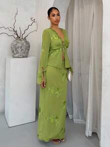 SHEIN SXY 女士绿色亮片刺绣开衩下摆时尚半身裙，适合婚礼宾客、秋季外出度假、波西米亚风性感狂欢音乐会半身裙、约会之夜、俱乐部、伊比沙岛、度假 - 綠色 - 查看 5