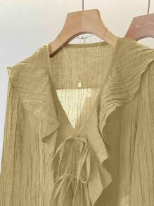 INAWLY French V-Neck Pleated Ruffle Tie Blouse Fall Cloth For Women - Khaki - View 5