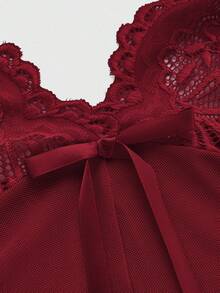 ROMWE J-Fashion Y2K Avant-Garde Lace Mesh Patchwork Bow Sexy Sheer Dress Set - Burgundy - View 3