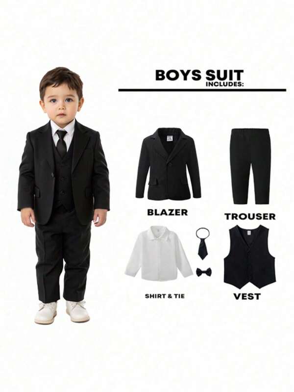 6pcs Baby Boy Formal Suit Set, Including Light White Long Sleeve Shirt, Black Tie & Bowknot, Matching Vest, Jacket And Pants. The Light White Shirt Looks Particularly Elegant In The All-Black Suit, Making The Whole Outfit Look Neat And Fashionable, Suitable For Holiday Events, Formal Occasions, Weddings, Wedding Guests, Ring Bearers, Groomsmen, Back To School Season Fall Winter