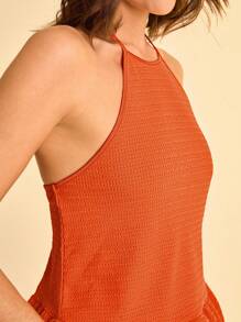 CAJUNI Women's Summer Vacation Casual Tropical Boho Style Energetic Orange Halter Tied Backless Ruffle Hem Cami Tank Top - Orange - View 8