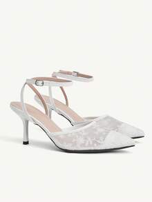 CUCCOO CHICEST Giày cao gót mũi nhọn ren thêu hoa thanh lịch, ngọt ngào, lãng mạn, thời trang, thoải mái, lưới trắng, quai mắt cá chân, dành cho khách dự tiệc cưới, tiệc trà chiều, hẹn hò, tiệc tùng, ngày lễ - trắng - Xem 2