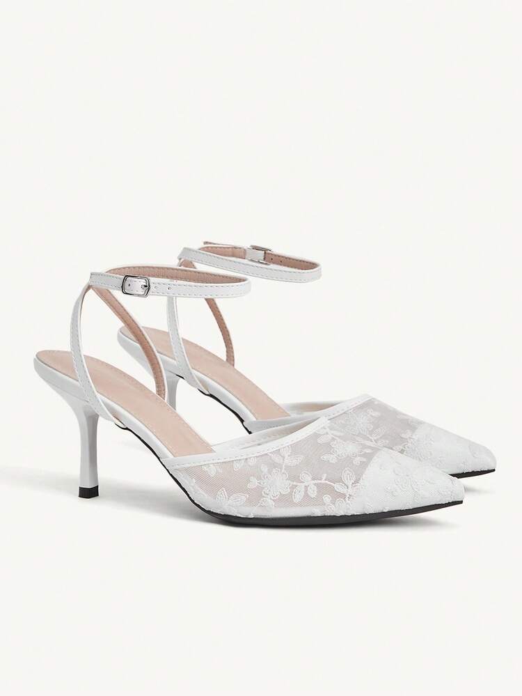 CUCCOO CHICEST Women's Floral Embroidered Lace Pointed Toe Stiletto Mid Heel Elegant Sweet Romantic Fashion Comfortable White Mesh Ladies High Heel Ankle Strap Dress Shoes For Wedding Guest, Afternoon Tea, Date, Party, Holiday