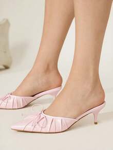 CUCCOO CHICEST 女士尖头一脚蹬高跟鞋，蝴蝶结褶皱设计，优雅细高跟，仿皮，适合通勤、约会、工作，百搭浅粉色穆勒鞋