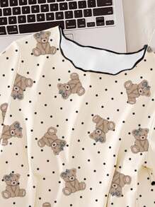 Sparklyn 2pcs Tween Girls Pajama Set, Apricot Background Bear All-Over Print Casual Round Neck Ruffle Hem Short Sleeve Top And Pants, Summer, Back To School Fashion - Apricot - View 3