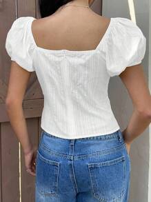 MainGRL 夏季休闲度假风白色短袖衬衫，带纹理泡泡袖，白色棉质上衣，系带前襟上衣，棉质衬衫 - 白色 - 查看 2