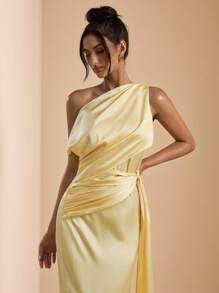 SHEIN BAE Solid Color Asymmetric Asymmetrical Neck Elegant Long Satin Dress For Women, Yellow Dress, Suitable For Vacation, Birthday, Brunch, Wedding Guest, Bridesmaid, Spring/Summer,Butter Yellow Dress Party Dresses For Women - Yellow - View 5