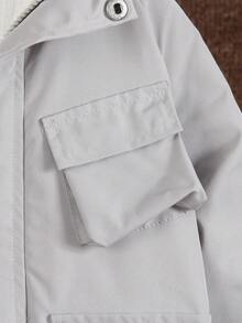 SHEIN Young Boy Solid Color Raglan Sleeve Thermal Lined Hooded Casual Utility Pocket Winter Jacket, Suitable For Outdoor, School And Home Wear Fall - Light Grey - View 5