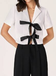 Modelyn Women's Fashion Casual Elegant Tweed Short Sleeve Blazer - White - View 8