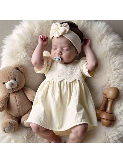 Loomiva 新生女婴可爱夏季休闲度假刺绣镂空圆领泡泡袖收腰连衣裙，百搭舒适