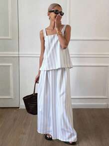 DAZY 2 Stücke/Set Damen gestreifter Tank Top mit quadratischem Ausschnitt und plissiertem Saum und Rockteil, Lässig Sommer