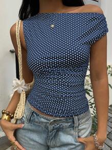 Sunnyshic Petite 白色和黑色波尔卡圆点不对称褶皱修身腰部衬衫，优雅休闲度假沙滩装，适合娇小女性夏季穿着 - 藏蓝色 - 查看 6