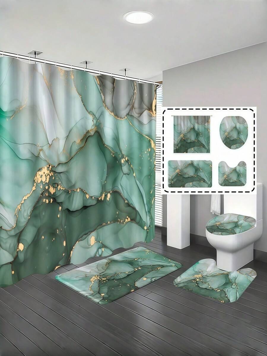 SHEIN Conjunto de banheiro de 1/4 peças, cortina de chuveiro impermeável com padrão de mármore verde, conjunto de decoração de banheiro de luxo moderno, acessórios de decoração de banheiro para 4 estações, tapete de banho antiderrapante, tapete em formato de U e tampa de vaso sanitário redonda para todos os cenários. Acessórios de banheiro de verão - Multicolorido - Ver 1