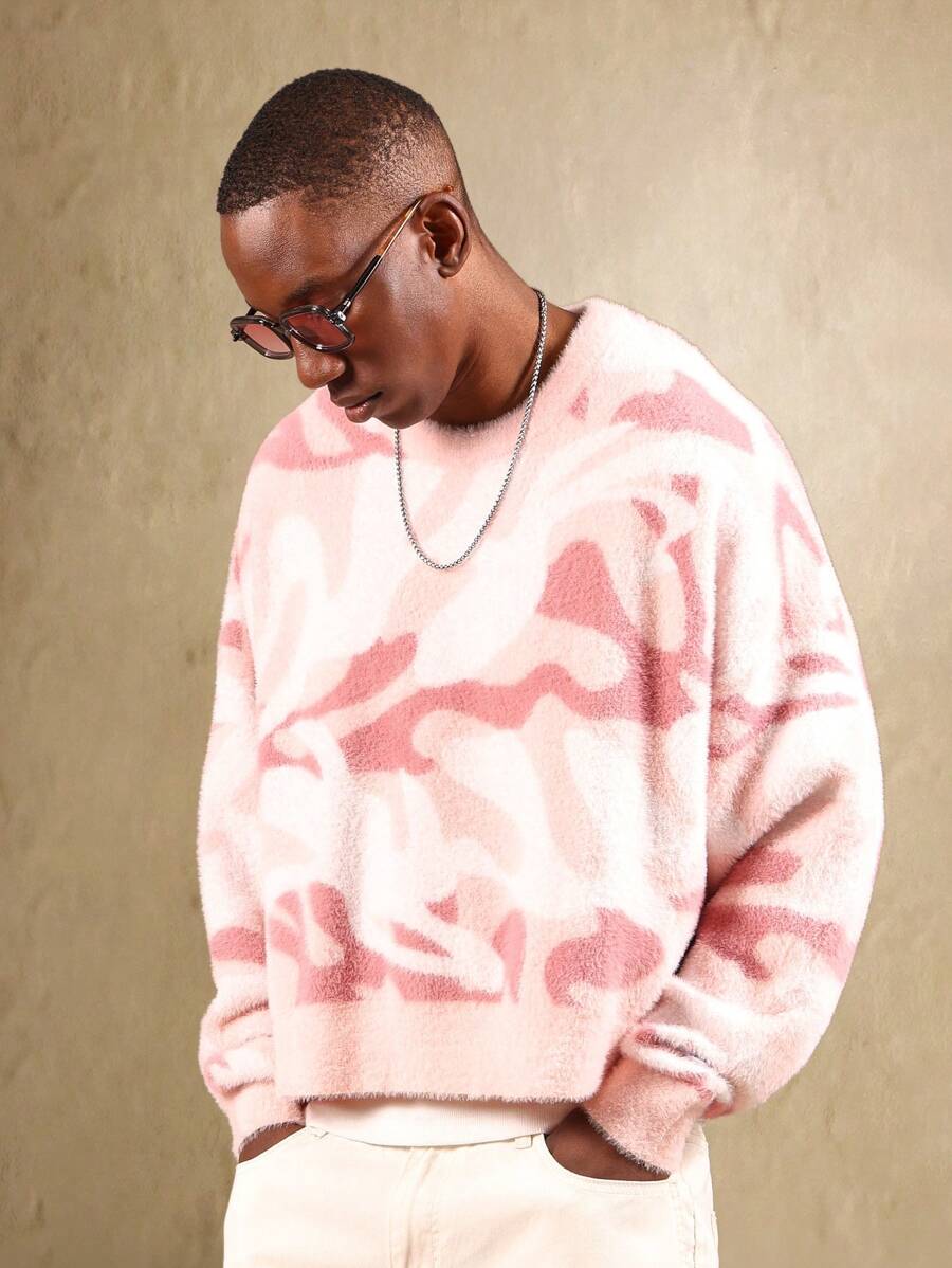 SUMWON Plush Textured Swirl Pattern Jumper Cropped Fleece Sweatshirt Oversized Winter Loungewear Cozy Streetwear Casual Pullover