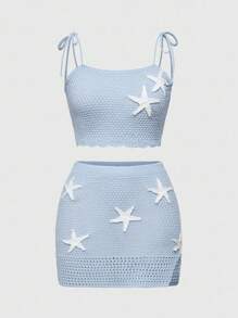 ROMWE Bộ đồ bơi đi biển mùa hè họa tiết sao biển 3D khoét lỗ và váy ngắn - Màu xanh lam - Xem 1
