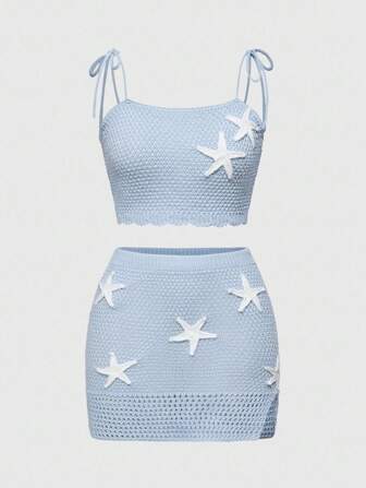 Conjunto de camiseta de punto con diseño hueco de estrella de mar 3D y minifalda para mujer, ideal para playa y verano