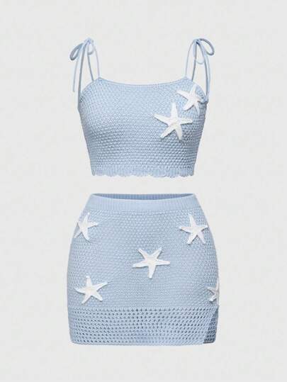 طقم بلوزة كامسول مجوفة مع تنورة قصيرة مصنوع من الحياكة بتصميم نجمة البحر ثلاثية الأبعاد للنساء لفصل الصيف