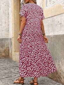 Breezaya 女式长款花卉印花蓝色蝙蝠袖连衣裙 - 酒紅色 - 查看 2