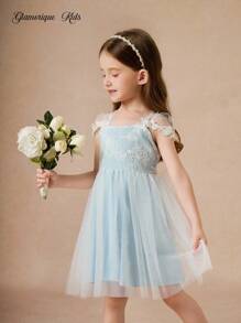 Glamorique Kids Young Girl Lace Embroidered Mesh Dress, Suitable For Party, Dinner, Displaying Luxury, Elegant And Look Light Blue Flower Girl Dress Little Girl Light Blue Dress Lace Flower Girl Dress Baby Blue Dress Lace Dress