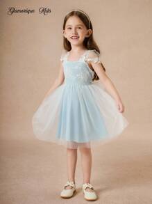 Glamorique Kids Young Girl Lace Embroidered Mesh Dress, Suitable For Party, Dinner, Displaying Luxury, Elegant And Look Light Blue Flower Girl Dress Little Girl Light Blue Dress Lace Flower Girl Dress Baby Blue Dress Lace Dress