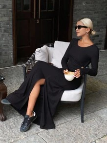 DAZY Solid Color Pleated Metal Decor Split Crew Neck Long Sleeve Maxi Dress, Elegant For Women, Spring/Autumn,Fall Women Clothes - Black - View 5