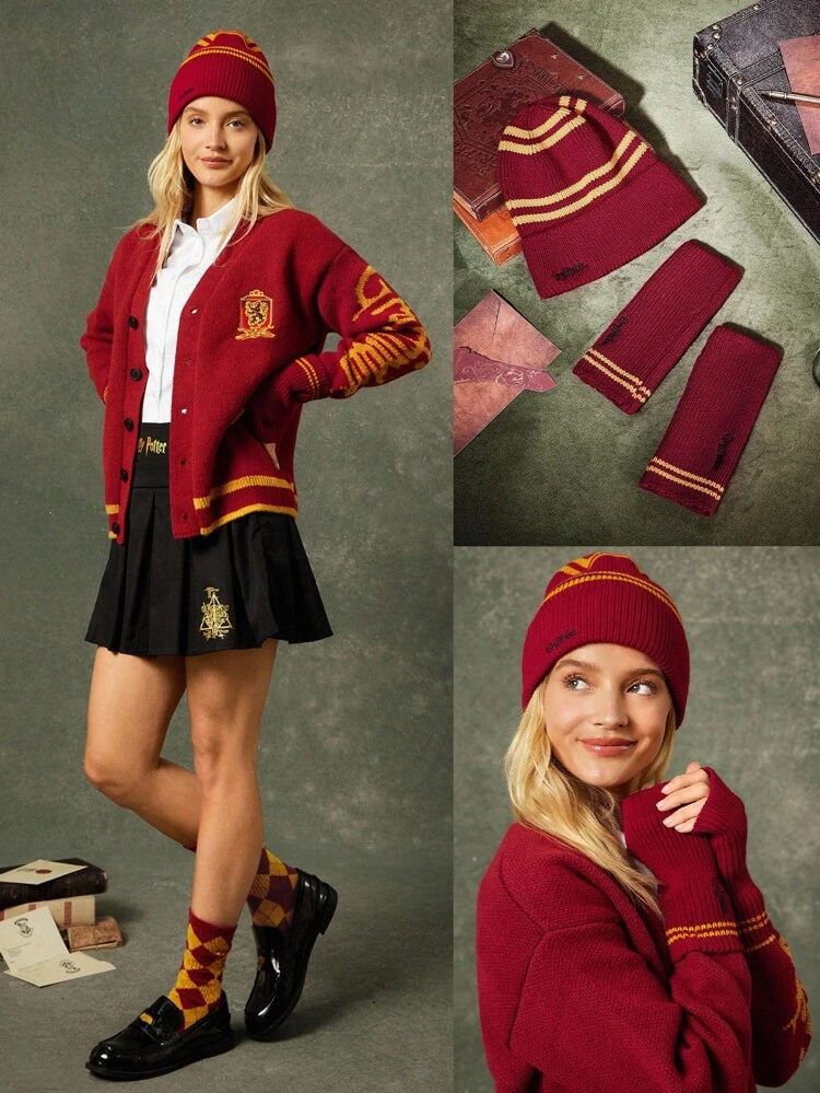 GLOWMODE X Harry Potter Hogwarts House Soft Wool Logo Embroidery Beanie & Fingerless Gloves Set Daily Casual Wear