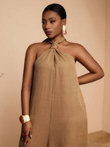 Veslaya 2025 Nouvelle combinaison ample à jambes larges avec nœud torsadé, style ras-du-cou, dos nu sexy, pour festival de musique d'été, mariage, anniversaire, port décontracté quotidien, vacances, croisière, plage, bronzage, rouge-brun, grande taille femme