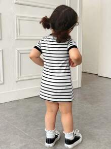 Baby Girl Casual Minimalist Comfortable Round Neck Hem Slit Dress - White - View 2