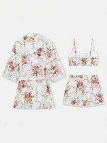 lacRébo 哑光缎面复古花卉和服休闲套装，搭配蕾丝花边短款上衣和松紧腰带短裤，秋冬 - 彩色 - 查看 8