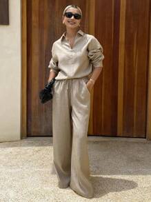 DAZY Conjunto de 2 piezas de top casual de manga larga con cuello en V y pantalones de ajuste holgado para mujer, otoño e invierno