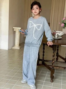 Tween Girl 休闲蕾丝拼布蝴蝶结宽松落肩套头连帽衫和阔腿裤两件套，春秋 - 灰色 - 查看 5