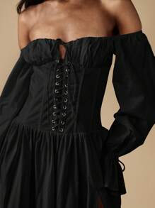 MISSGUIDED Váy maxi trễ vai kiểu corset có chi tiết tay áo buộc nơ lấy cảm hứng từ phong cách Victoria mùa thu đông kiểu Gothic váy dạ hội dài dự tiệc trang trọng cho dịp đặc biệt - màu đen - Xem 6