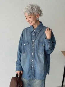 FRIFUL Áo khoác denim nữ màu xanh nhạt dáng suông, có túi, kiểu dáng thường ngày, đa năng, thích hợp mặc mùa thu. - Màu xanh lam - Xem 4