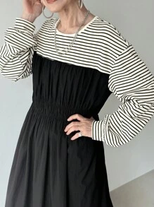 FRIFUL Women's Round Neck Splicing Striped Camisole 2 In 1 Long Dress, Autumn Long Sleeve Dress Striped Dress Winter Dress Korean Dress Black Dress - Black - View 4