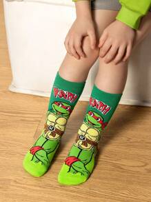 TEENAGE MUTANT NINJA TURTLES | SHEIN 4 双棉质柔软透气吸湿排汗儿童中筒袜绿色和蓝色可爱卡通图案中筒袜，加固脚趾和脚跟，经久耐用，男女通用，适合所有季节，百搭，适合学校和户外 - 彩色 - 查看 6